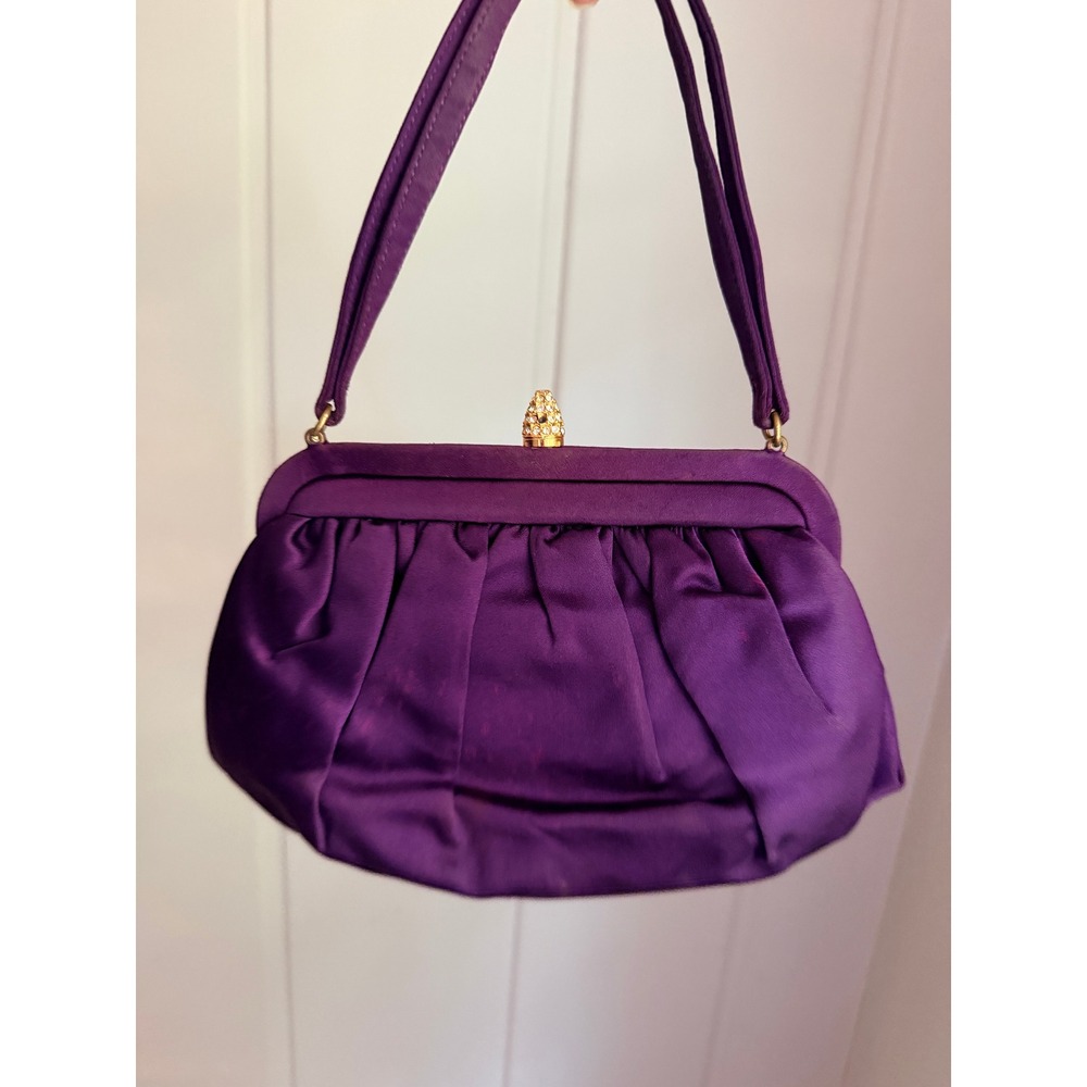 Vintage Morris Moskowitz Purple Satin Evening Bag 1950s Rhinestone Clasp Handbag - Picture 3 of 8